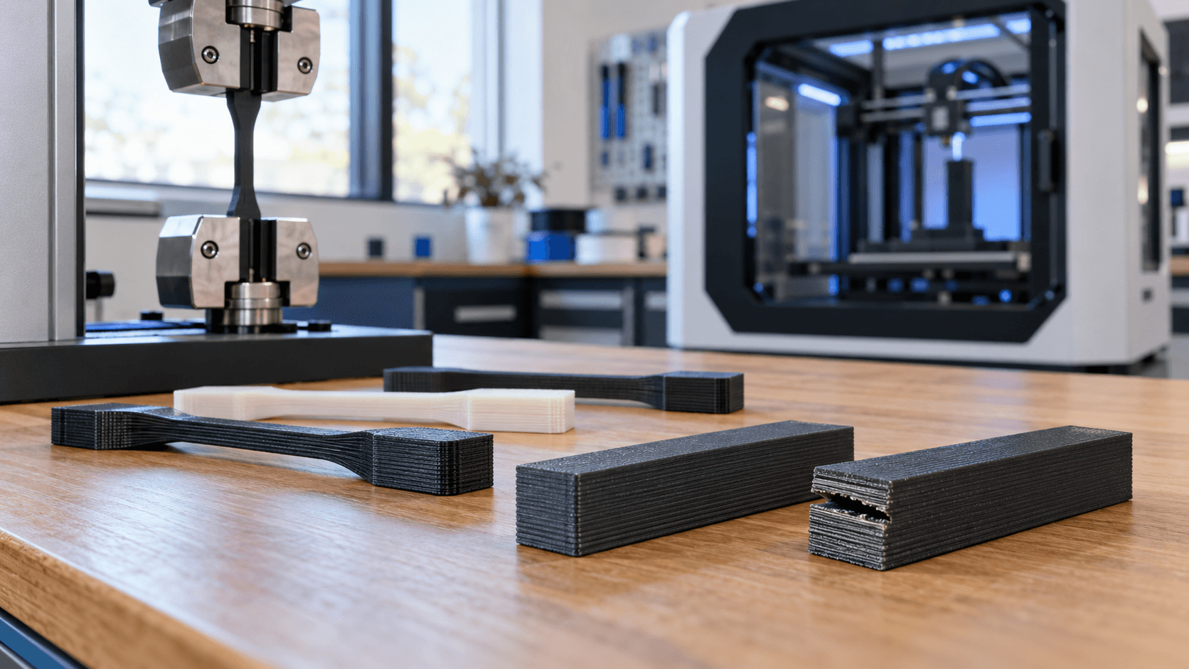 Provini FDM integri e delaminati accanto a una macchina per prove di trazione in un laboratorio di stampa 3D.