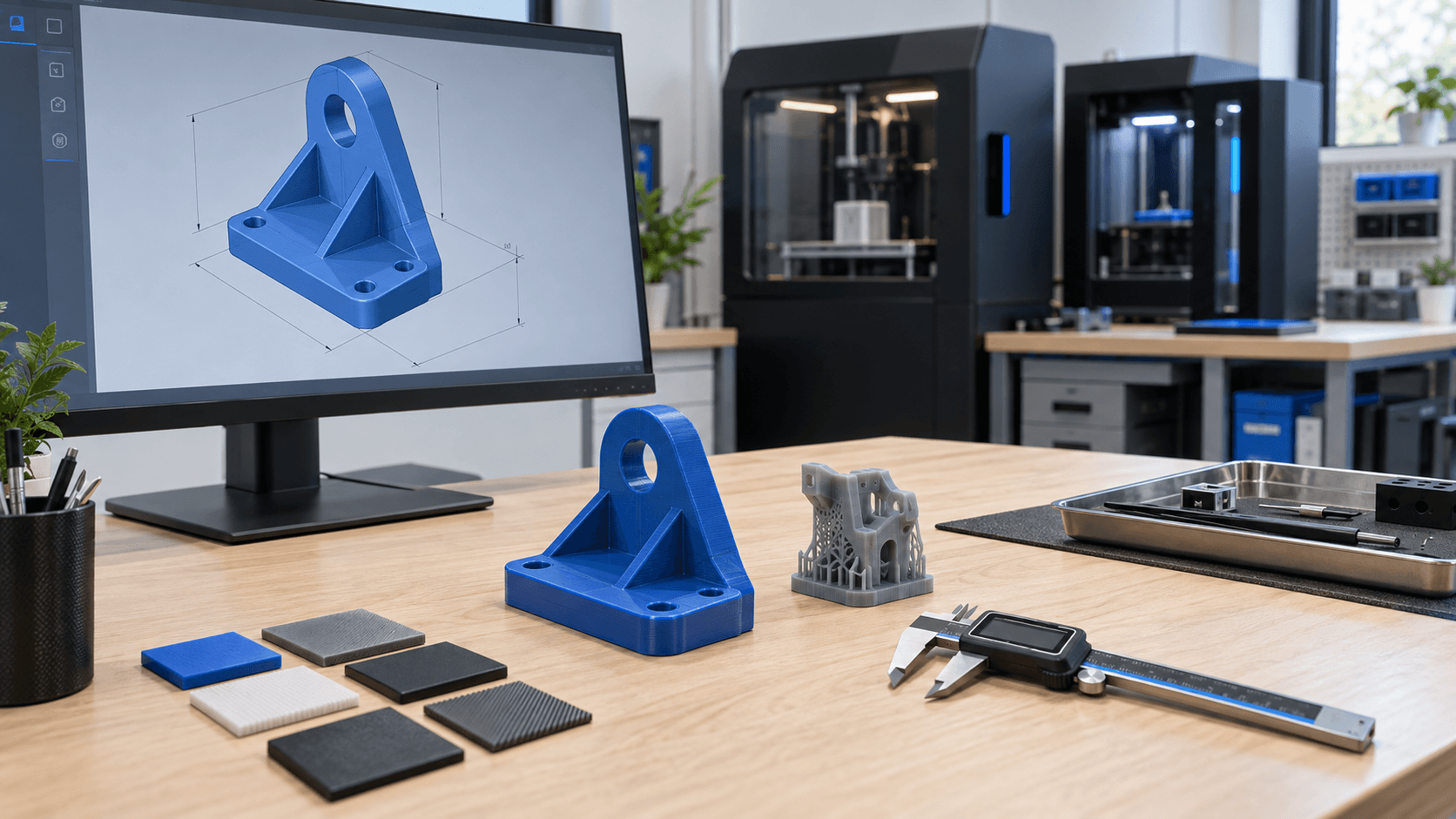 Modello CAD e staffa blu stampata in 3D con campioni di materiali e calibro su un banco tecnico