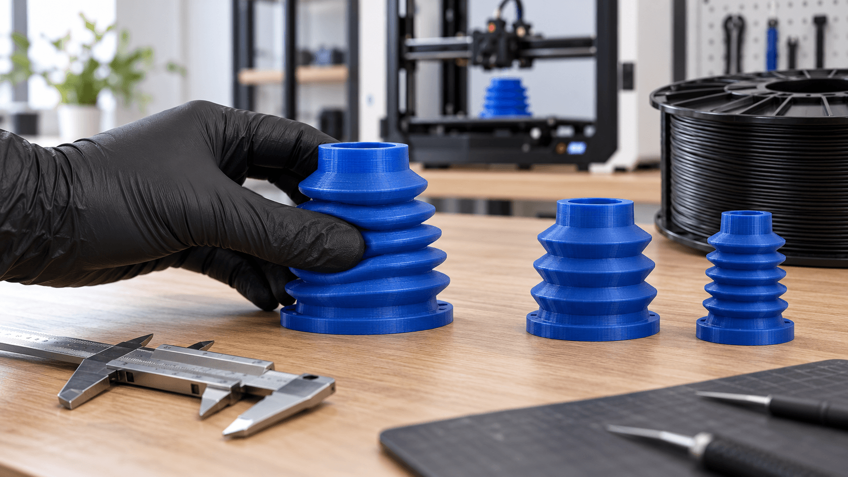 Campioni flessibili in TPU stampati in 3D durante una prova manuale di compressione su banco tecnico.