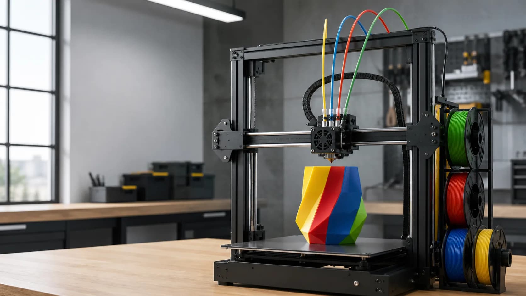 Stampante 3D FDM che realizza un oggetto multicolore in un laboratorio