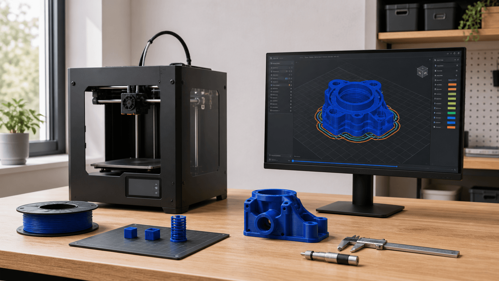 Anteprima di slicing in Bambu Studio accanto a una stampante 3D FDM e a un componente blu stampato