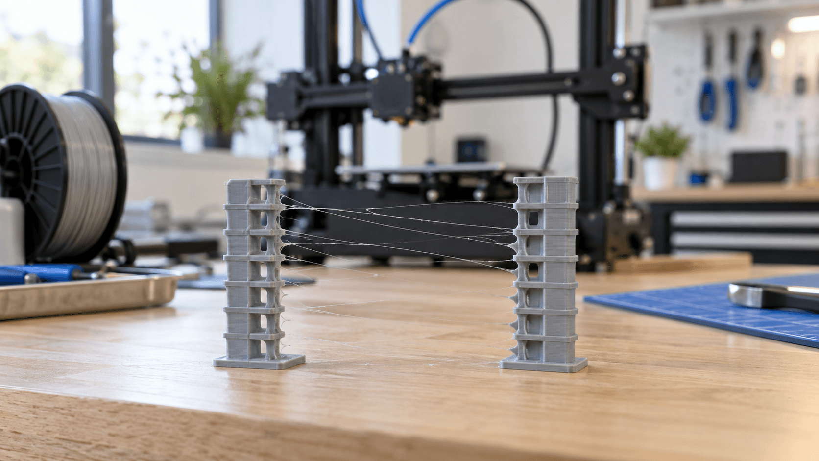 Due torri di calibrazione FDM collegate da sottili fili di plastica su un banco in legno, in un laboratorio moderno.
