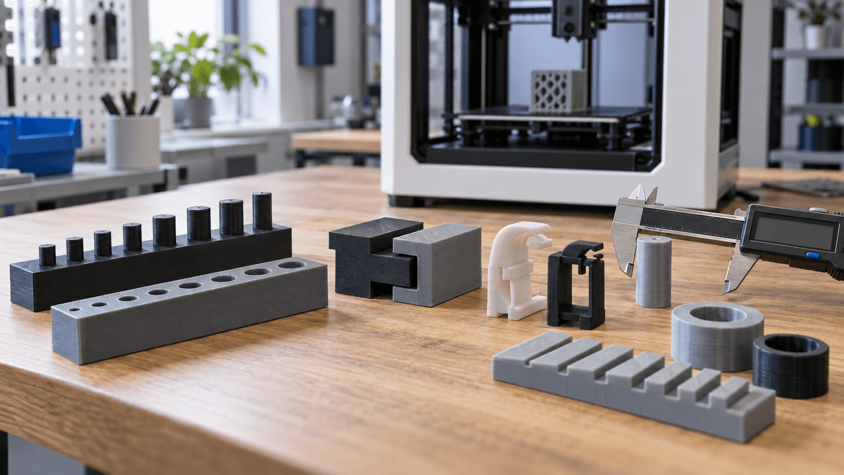Provini FDM per incastri e tolleranze accanto a un calibro digitale in un laboratorio di stampa 3D.