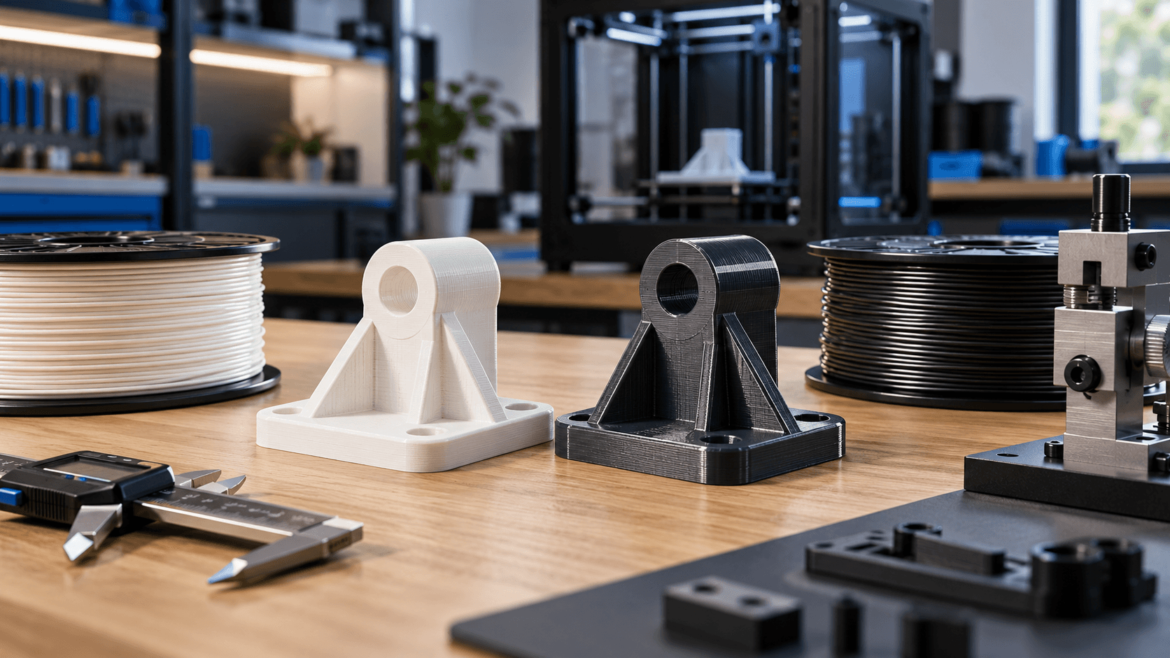 Confronto tra due campioni stampati in 3D con filamento PLA e PETG su un banco tecnico.
