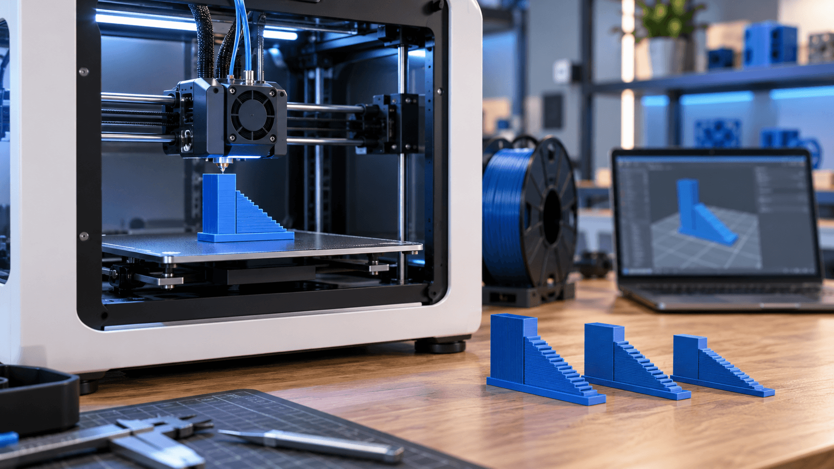 Stampante 3D FDM in laboratorio con provini blu per calibrare velocità, accelerazione e portata.